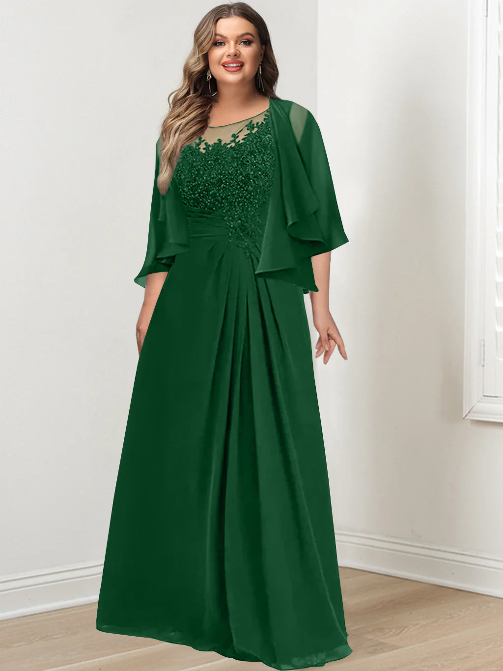 Plus Size Mother of the Bride A Line Scoop Long Dress with Pleated & Sequins