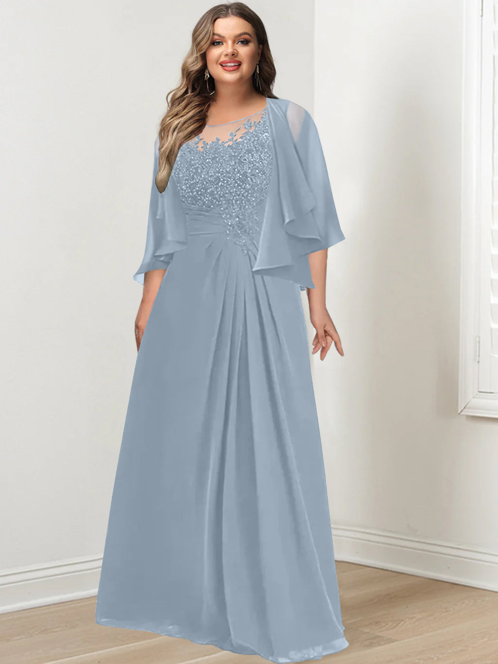 Plus Size Mother of the Bride A Line Scoop Long Dress with Pleated & Sequins