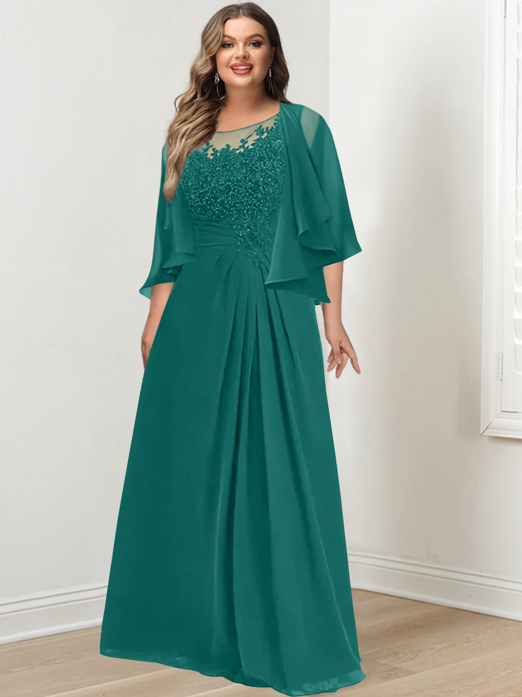 Plus Size Mother of the Bride A Line Scoop Long Dress with Pleated & Sequins