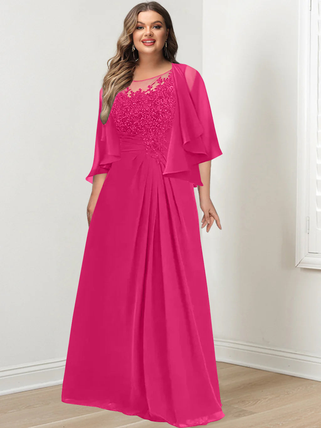 Plus Size Mother of the Bride A Line Scoop Long Dress with Pleated & Sequins