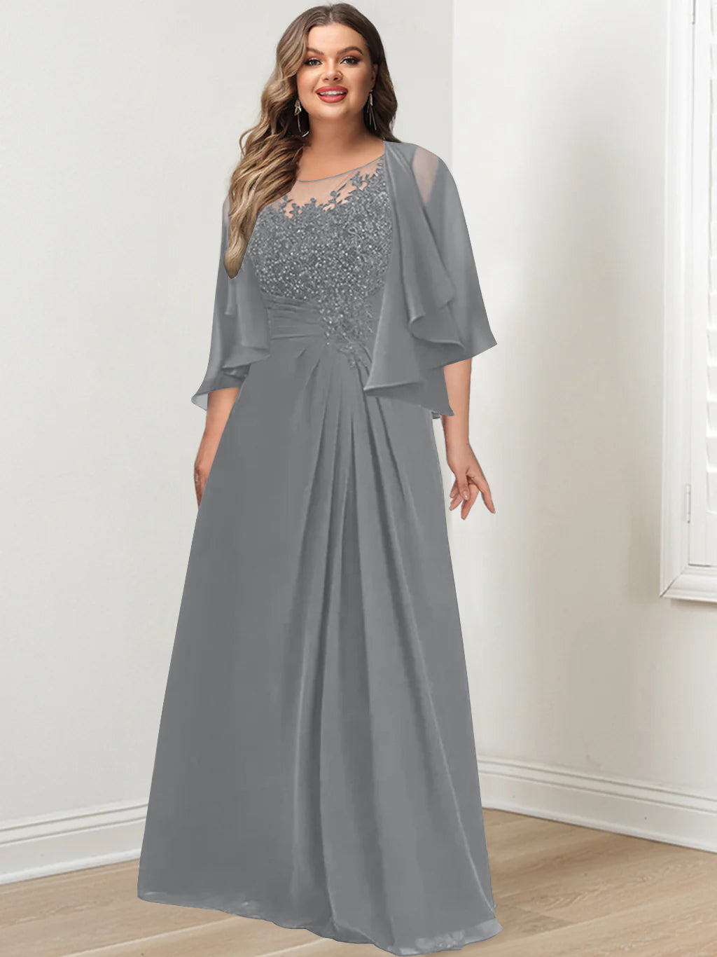 Plus Size Mother of the Bride A Line Scoop Long Dress with Pleated & Sequins