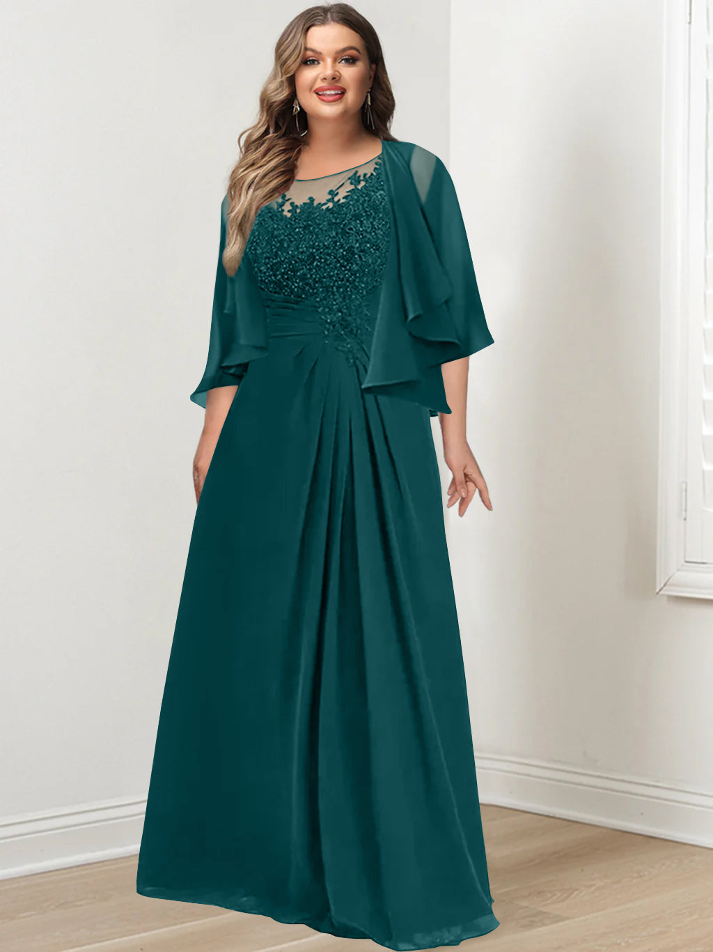Plus Size Mother of the Bride A Line Scoop Long Dress with Pleated & Sequins