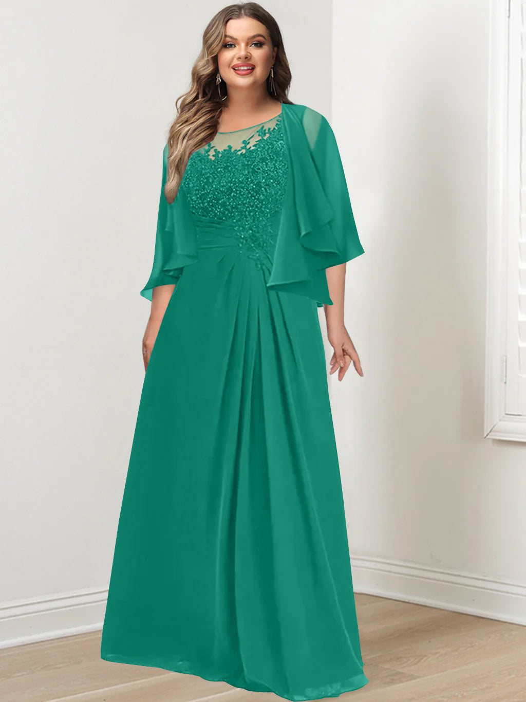 Plus Size Mother of the Bride A Line Scoop Long Dress with Pleated & Sequins