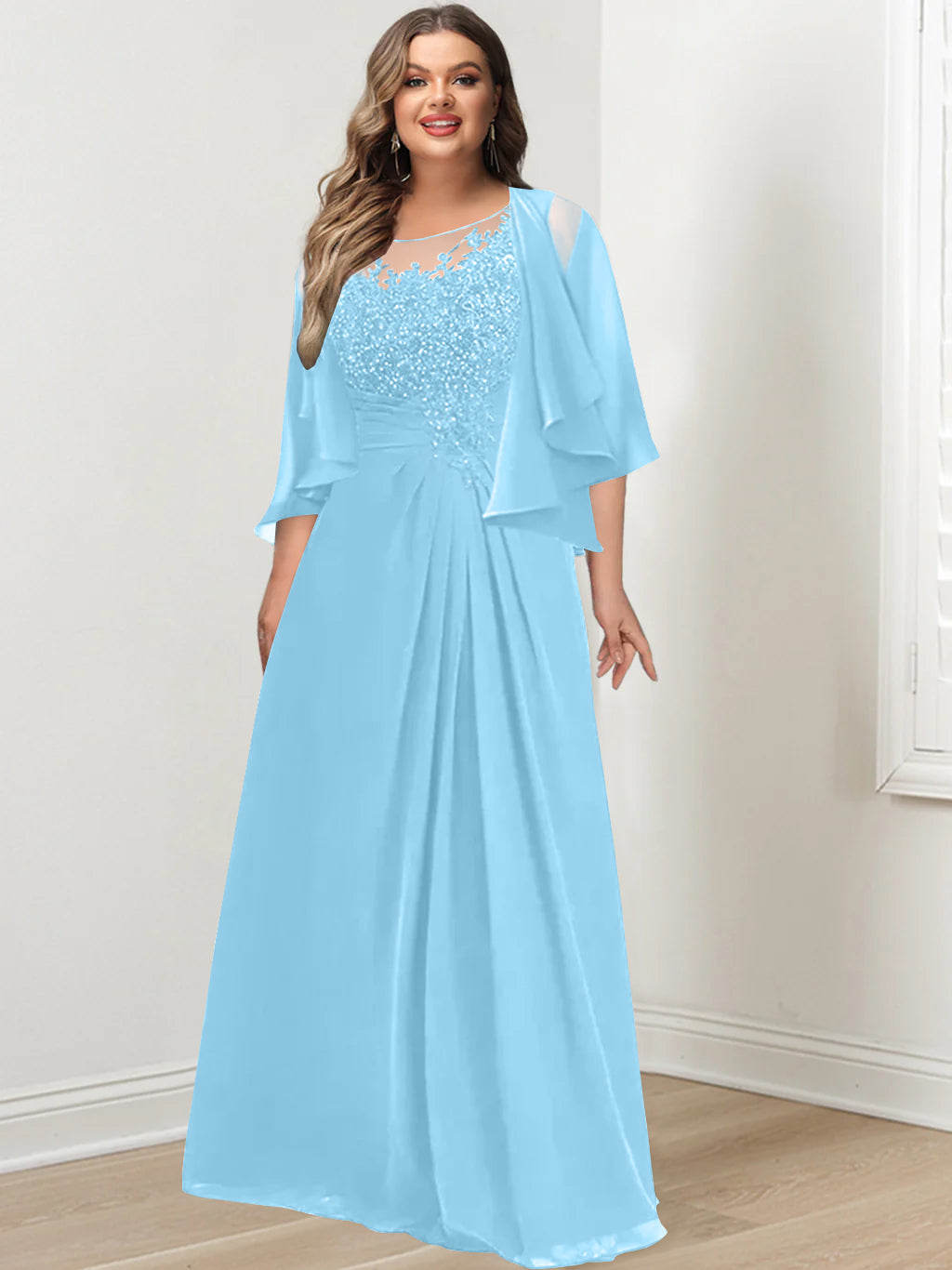 Plus Size Mother of the Bride A Line Scoop Long Dress with Pleated & Sequins