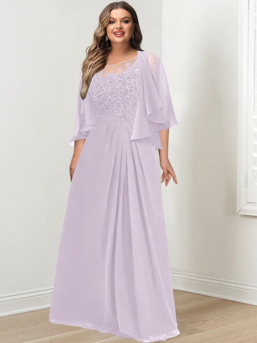 Plus Size Mother of the Bride A Line Scoop Long Dress with Pleated & Sequins
