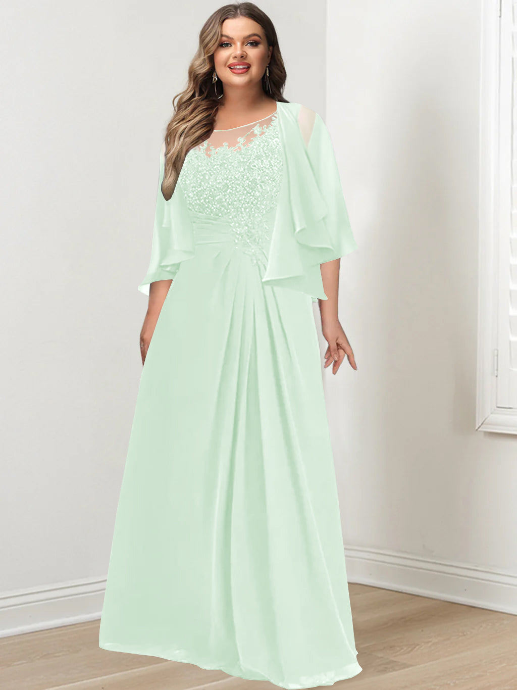 Plus Size Mother of the Bride A Line Scoop Long Dress with Pleated & Sequins