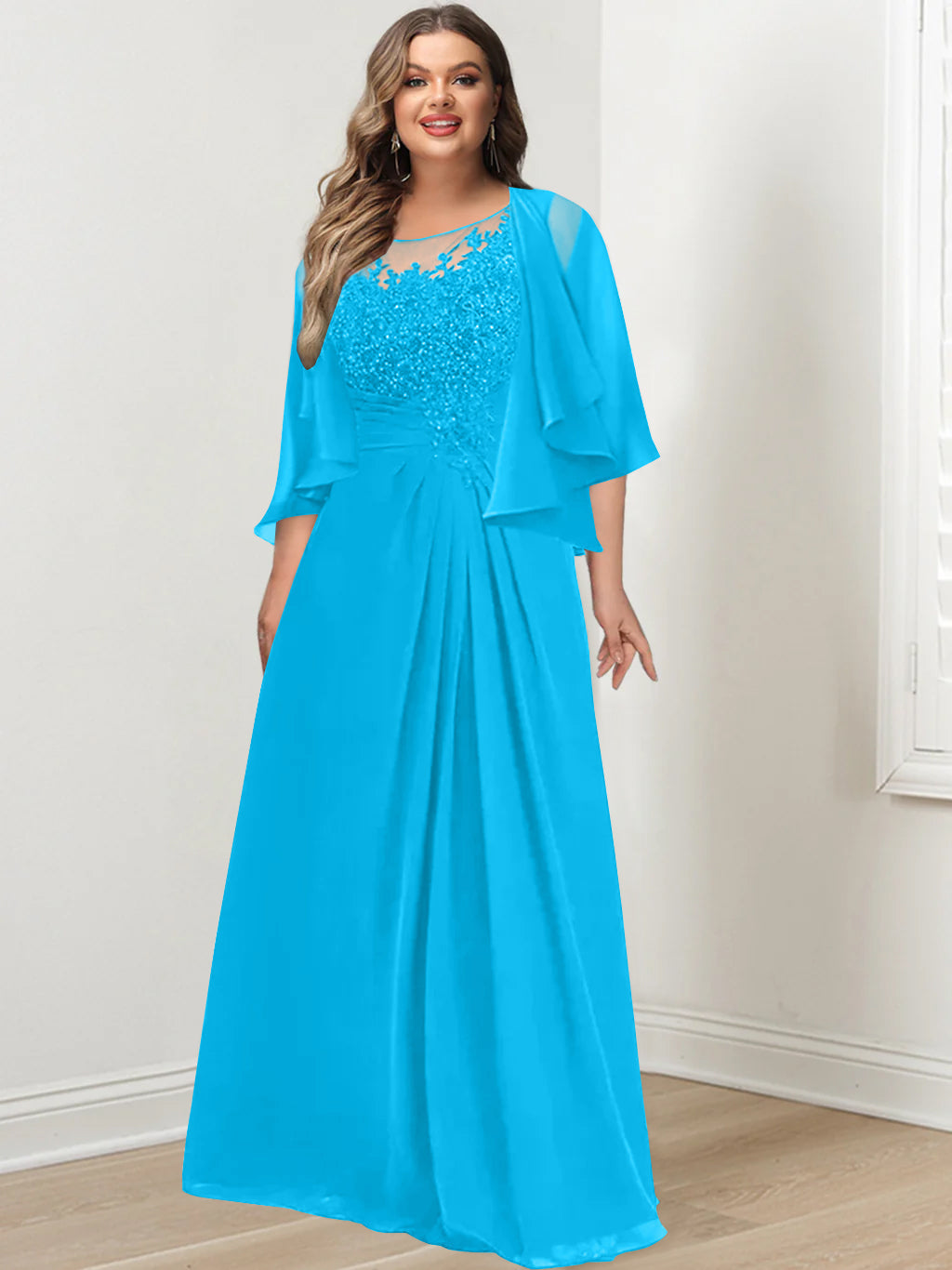 Plus Size Mother of the Bride A Line Scoop Long Dress with Pleated & Sequins