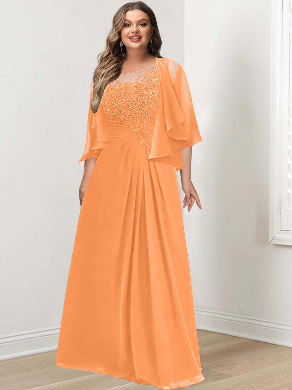 Plus Size Mother of the Bride A Line Scoop Long Dress with Pleated & Sequins