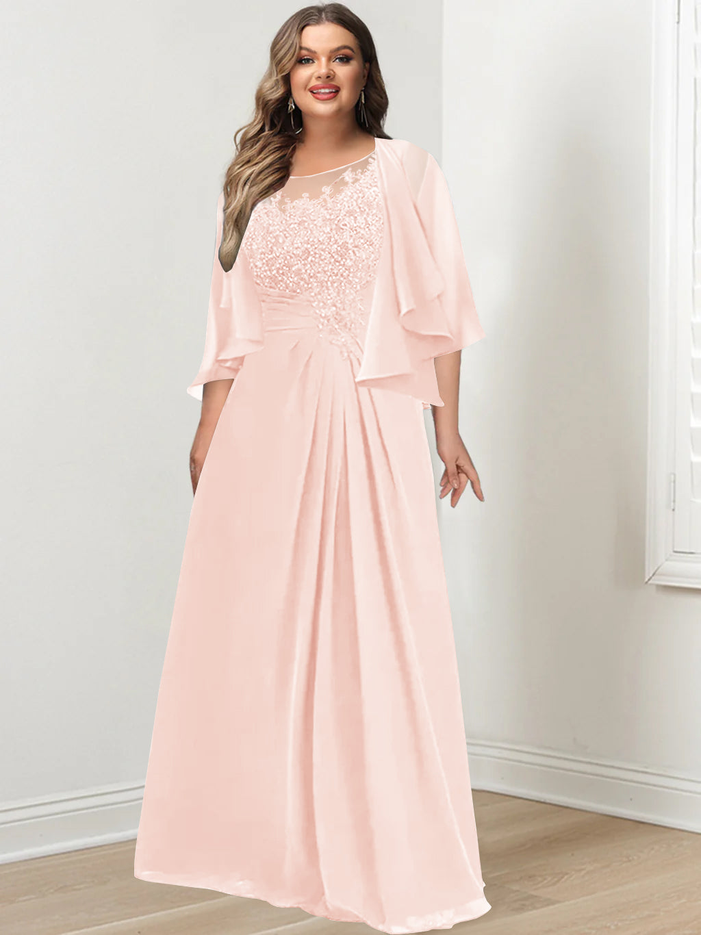 Plus Size Mother of the Bride A Line Scoop Long Dress with Pleated & Sequins