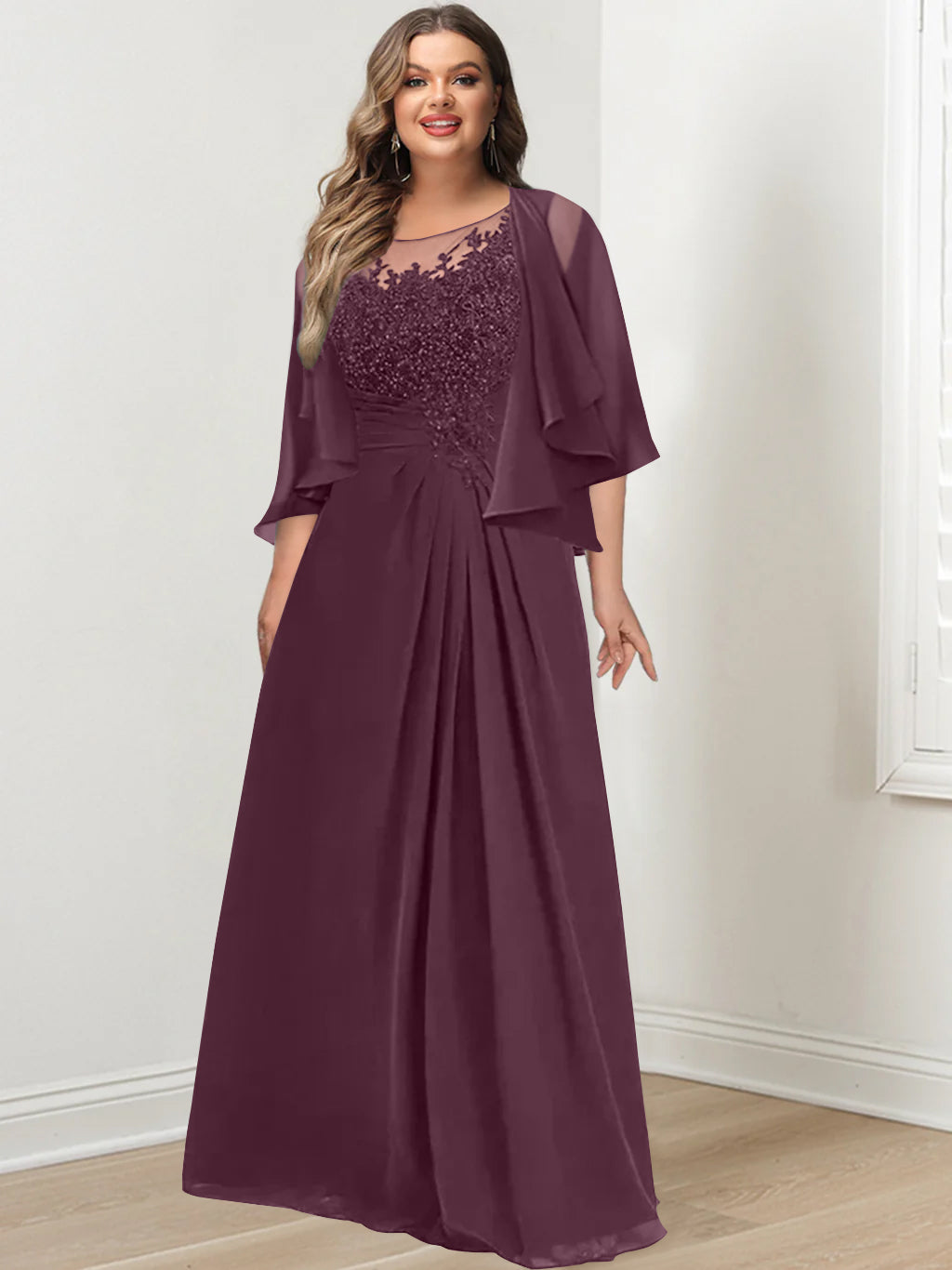 Plus Size Mother of the Bride A Line Scoop Long Dress with Pleated & Sequins