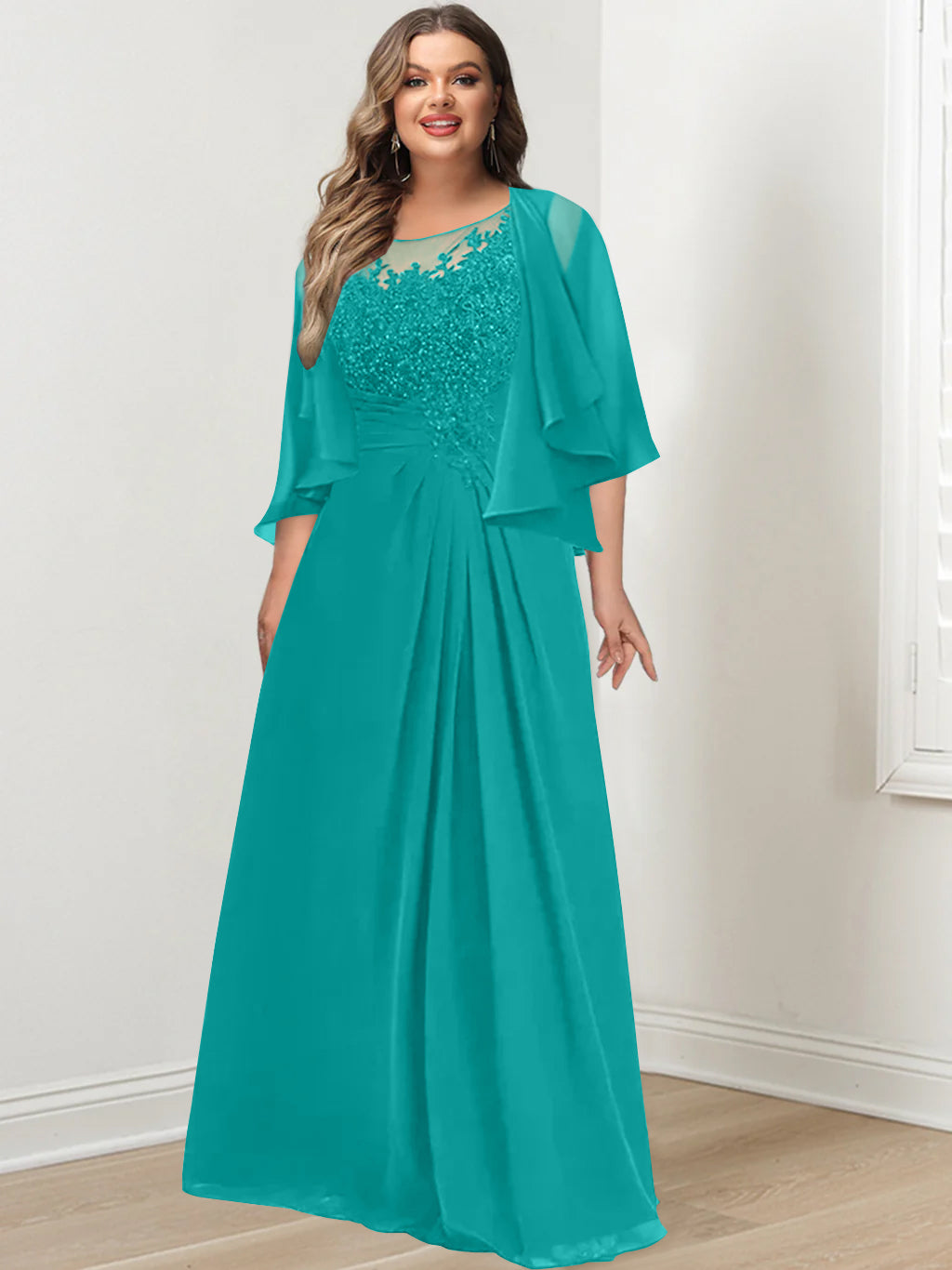 Plus Size Mother of the Bride A Line Scoop Long Dress with Pleated & Sequins