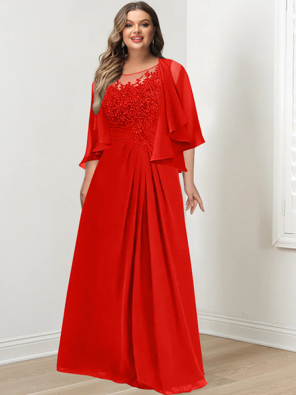 Plus Size Mother of the Bride A Line Scoop Long Dress with Pleated & Sequins