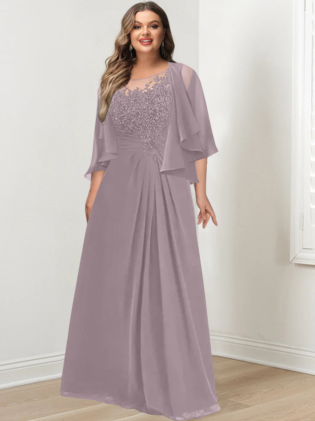 Plus Size Mother of the Bride A Line Scoop Long Dress with Pleated & Sequins