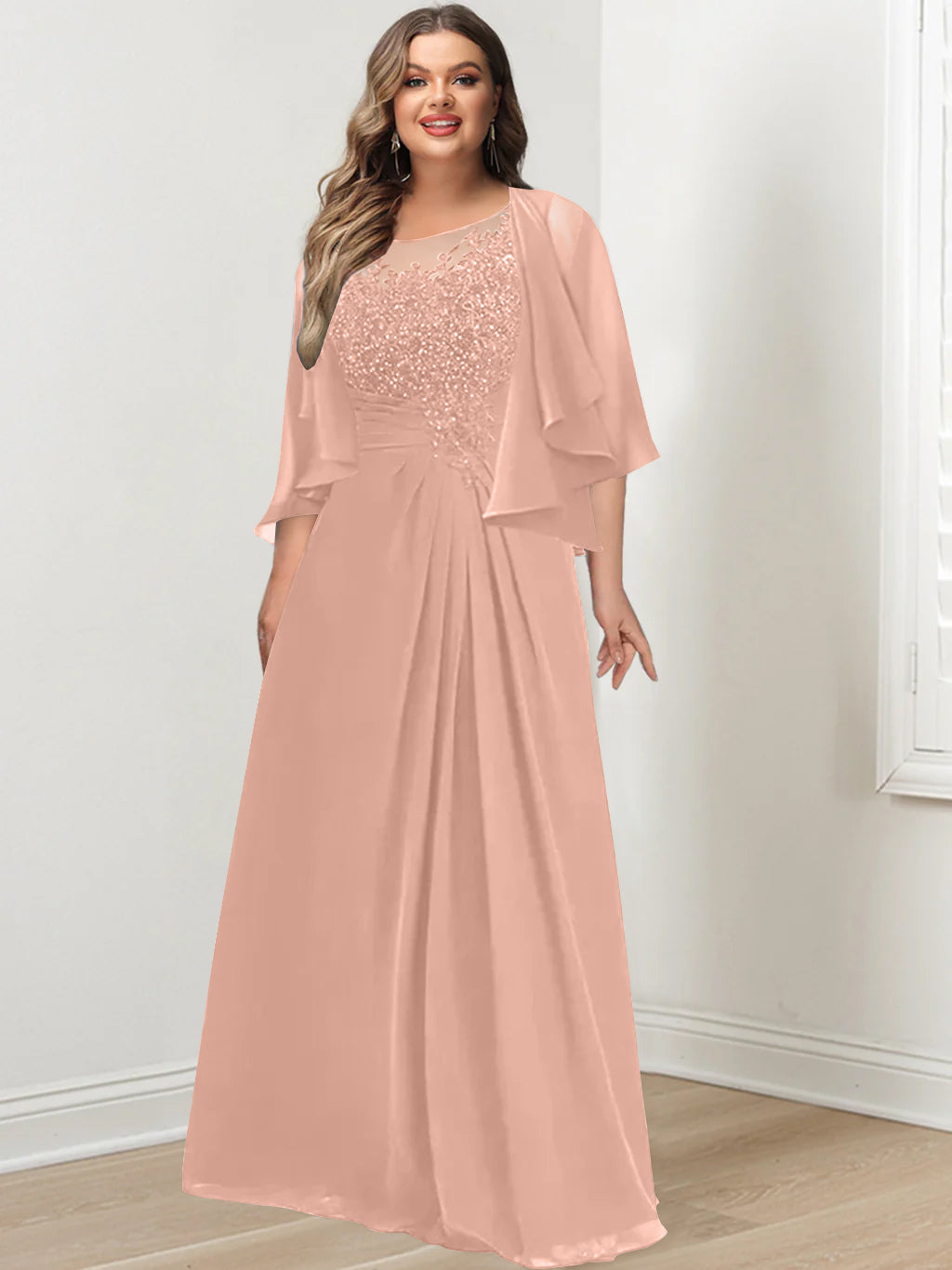 Plus Size Mother of the Bride A Line Scoop Long Dress with Pleated & Sequins