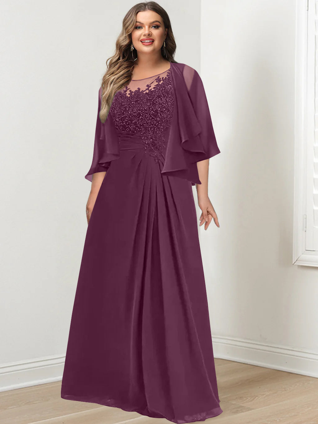 Plus Size Mother of the Bride A Line Scoop Long Dress with Pleated & Sequins
