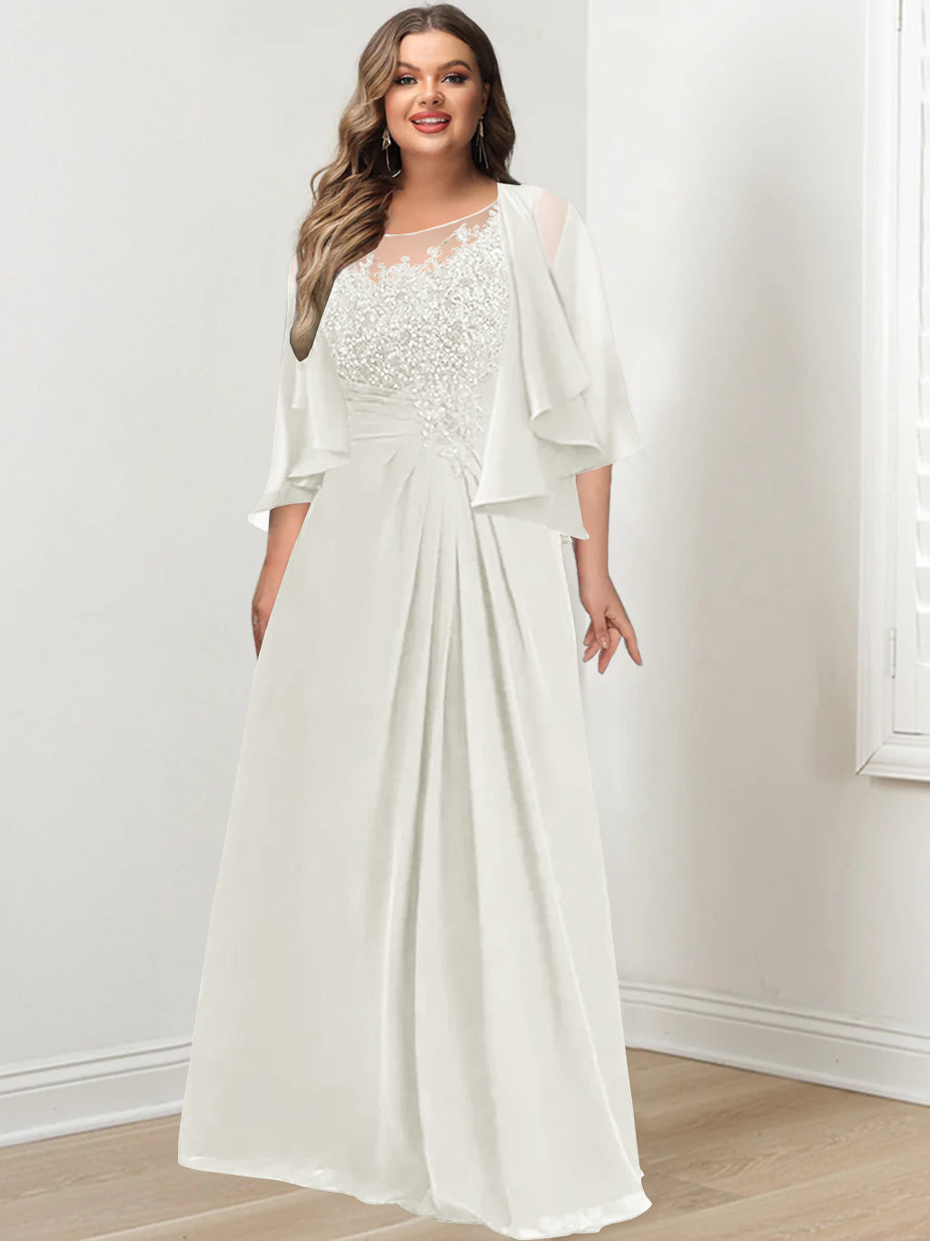 Plus Size Mother of the Bride A Line Scoop Long Dress with Pleated & Sequins