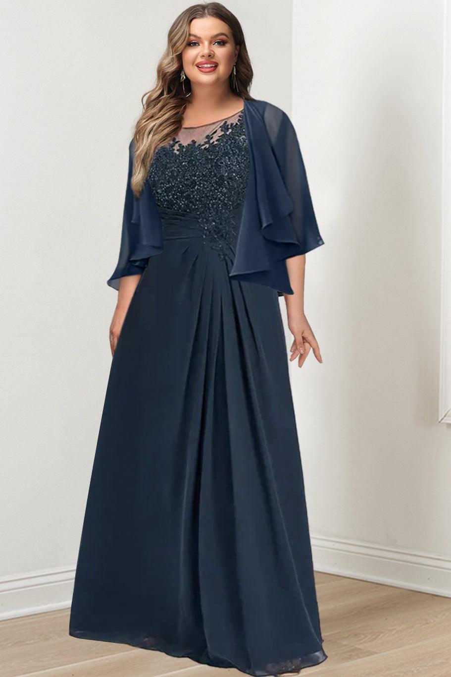 Plus Size Mother of the Bride A Line Scoop Long Dress with Pleated & Sequins