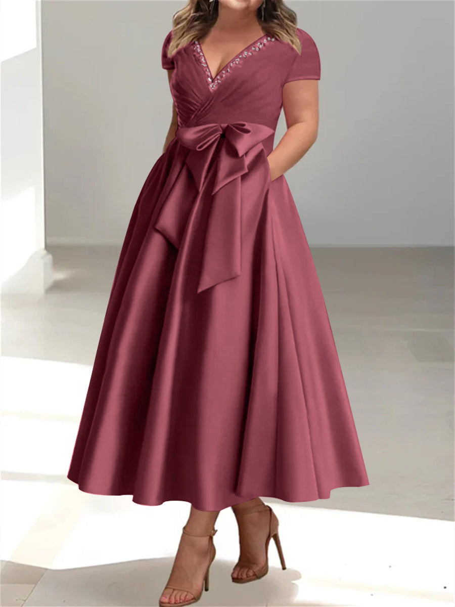 Plus Size Mother of the Bride A Line V Neck Dress with Pockets and Ruffles
