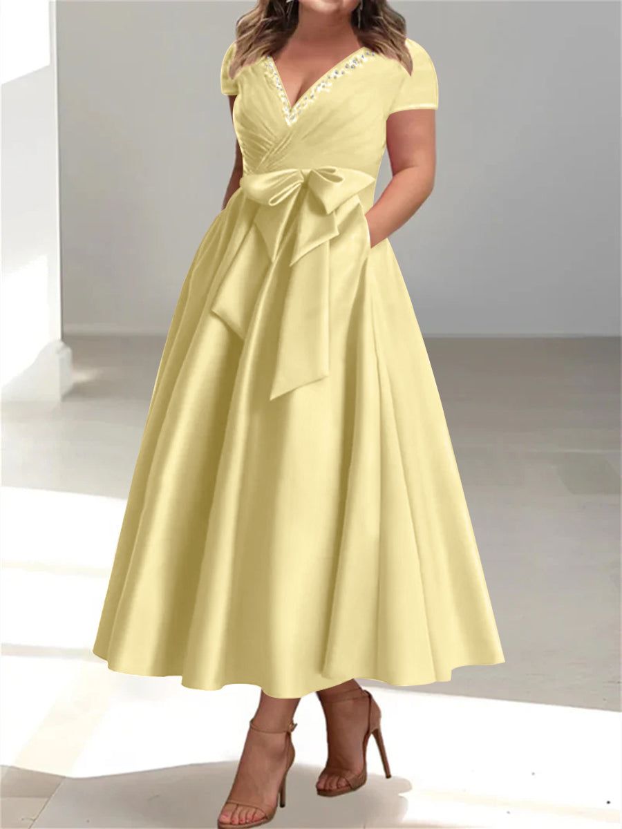 Plus Size Mother of the Bride A Line V Neck Dress with Pockets and Ruffles