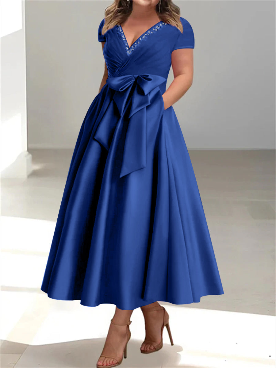 Plus Size Mother of the Bride A Line V Neck Dress with Pockets and Ruffles