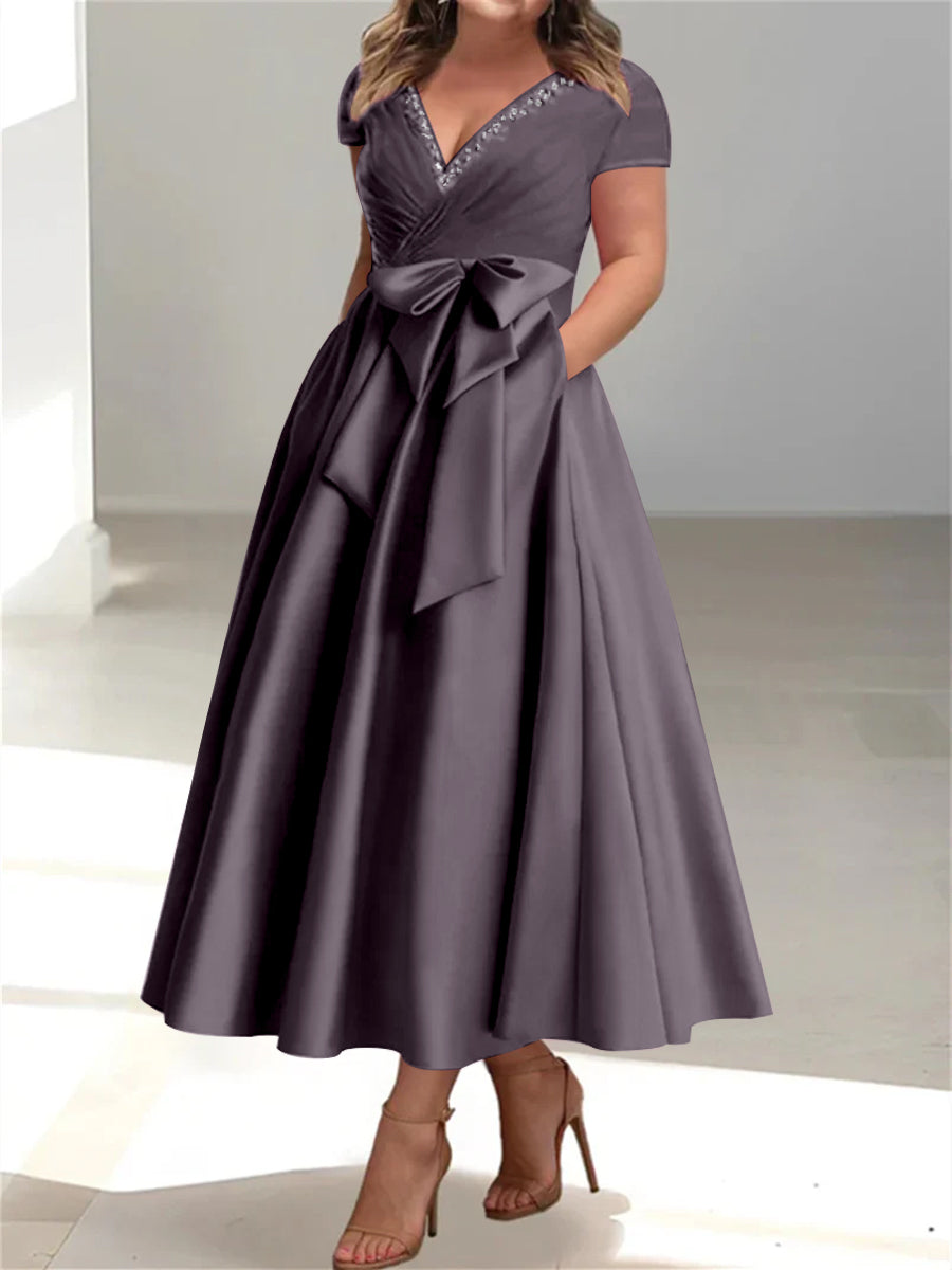 Plus Size Mother of the Bride A Line V Neck Dress with Pockets and Ruffles
