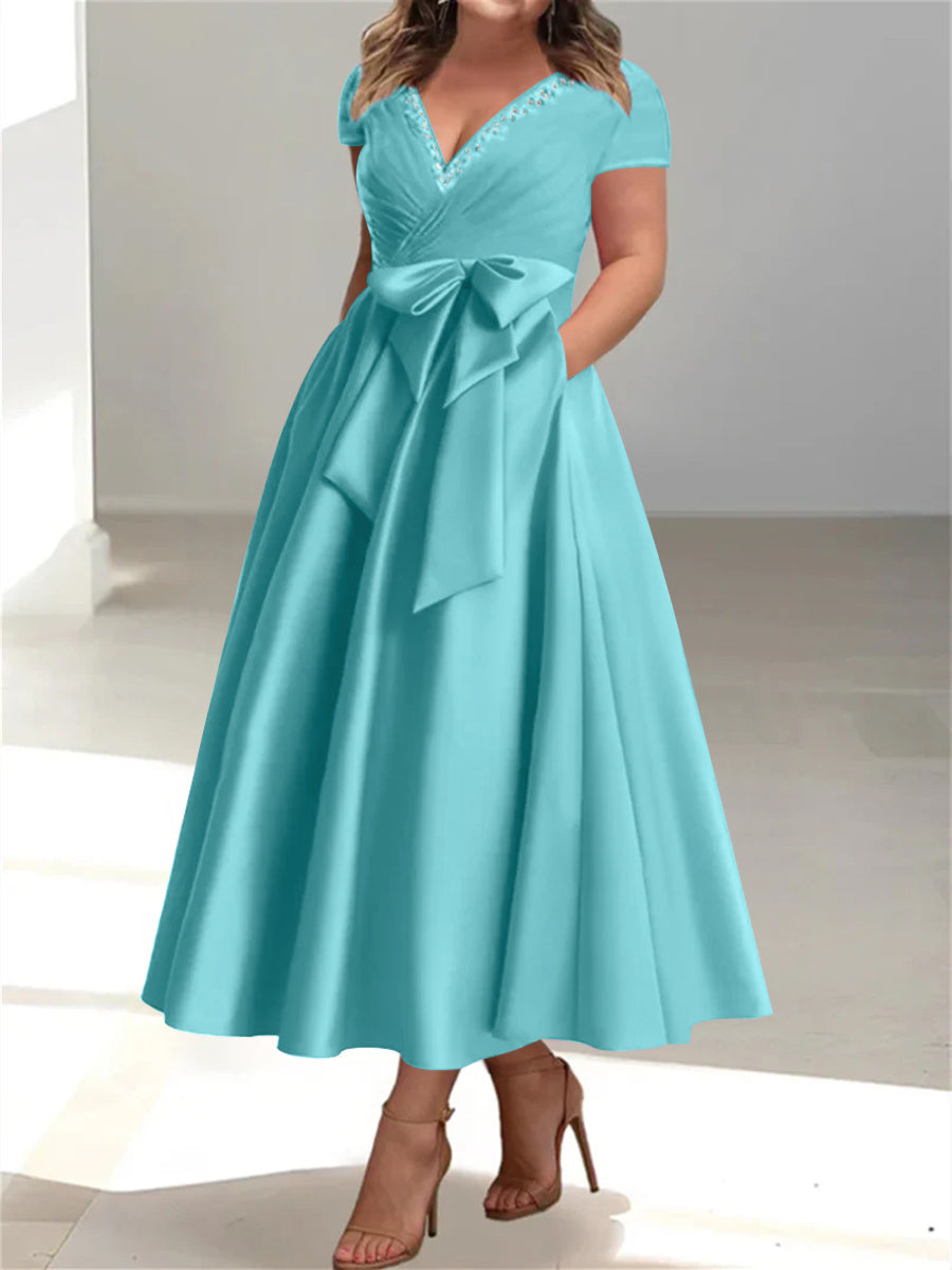 Plus Size Mother of the Bride A Line V Neck Dress with Pockets and Ruffles