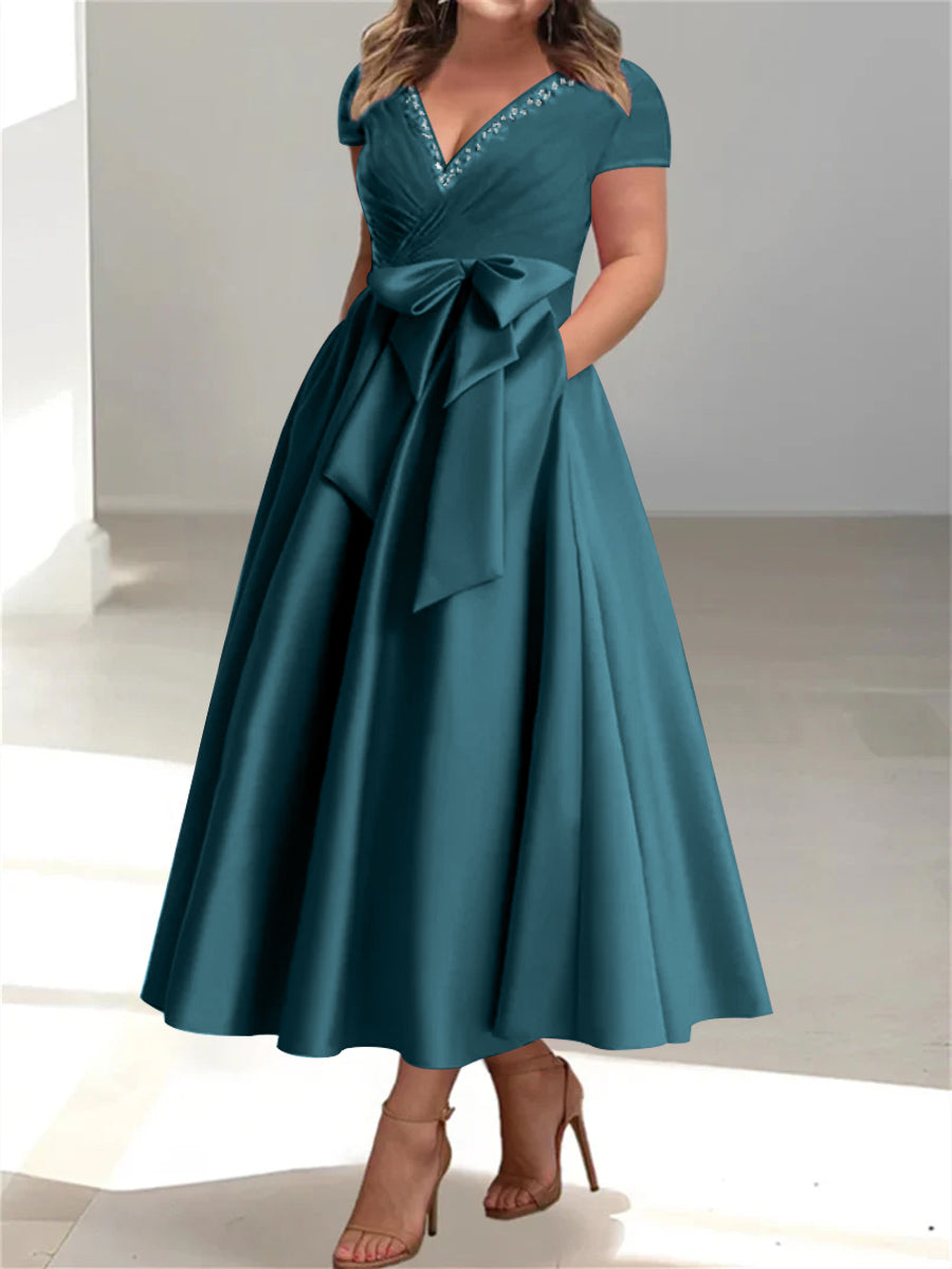 Plus Size Mother of the Bride A Line V Neck Dress with Pockets and Ruffles