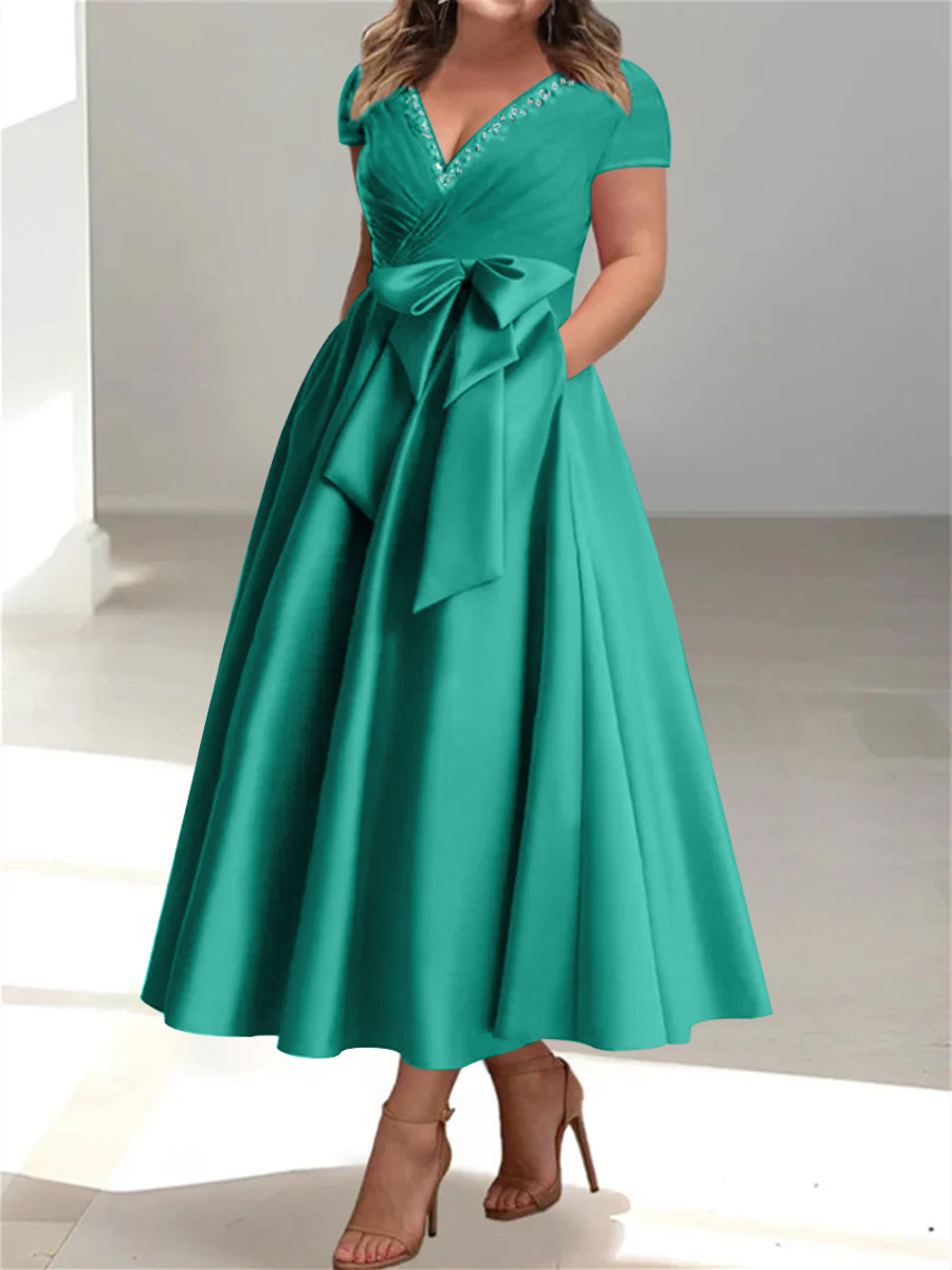 Plus Size Mother of the Bride A Line V Neck Dress with Pockets and Ruffles