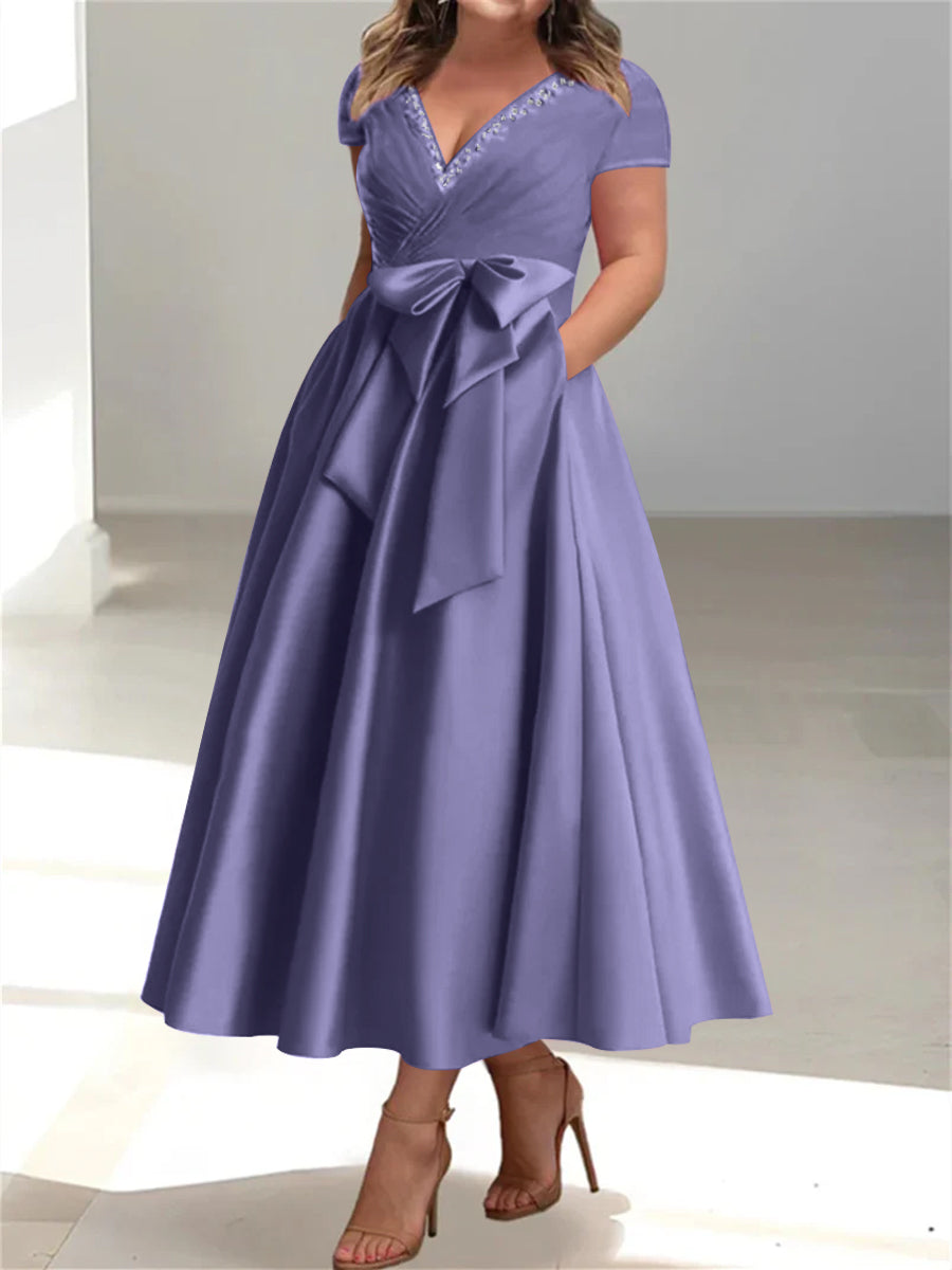 Plus Size Mother of the Bride A Line V Neck Dress with Pockets and Ruffles