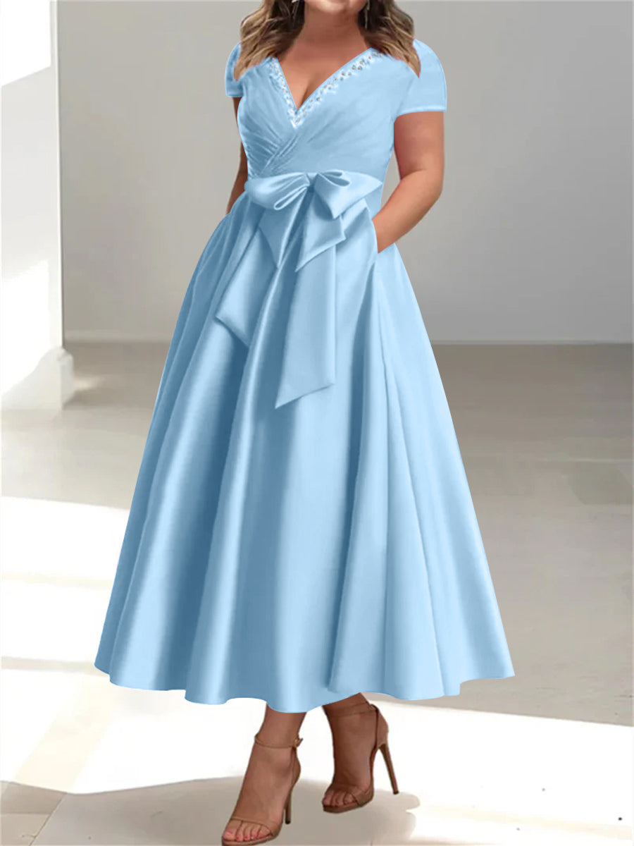 Plus Size Mother of the Bride A Line V Neck Dress with Pockets and Ruffles