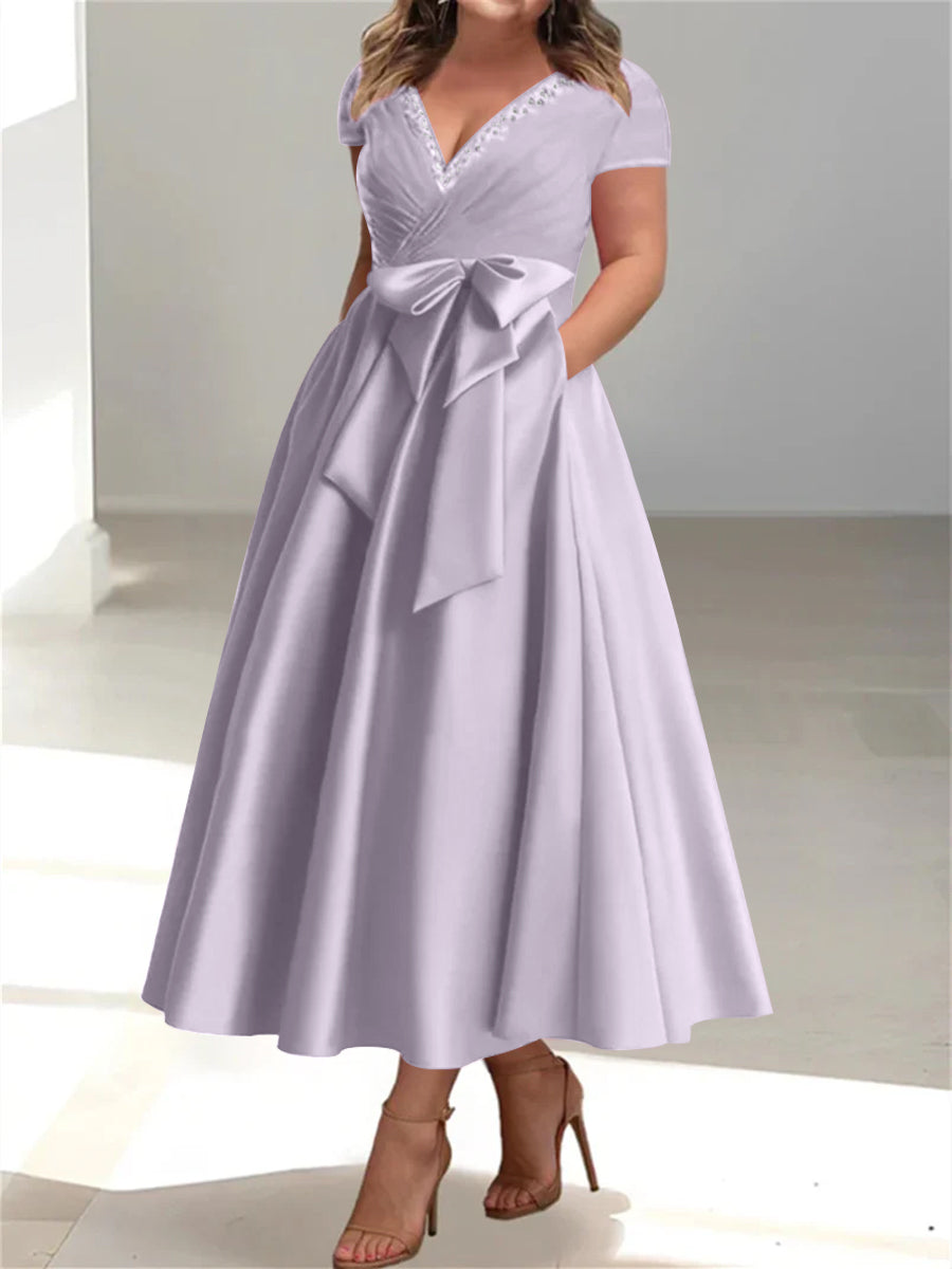 Plus Size Mother of the Bride A Line V Neck Dress with Pockets and Ruffles