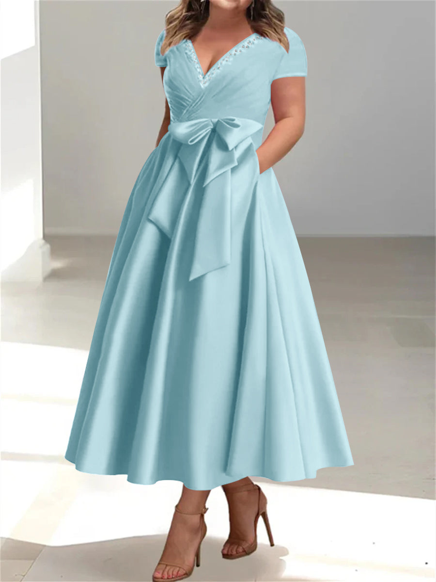 Plus Size Mother of the Bride A Line V Neck Dress with Pockets and Ruffles