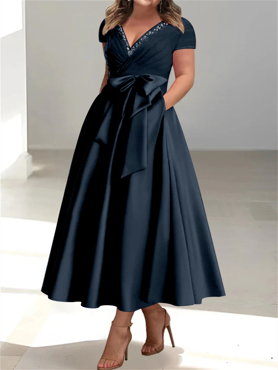 Plus Size Mother of the Bride A Line V Neck Dress with Pockets and Ruffles