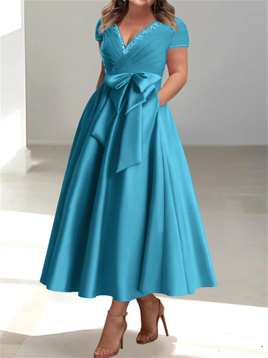 Plus Size Mother of the Bride A Line V Neck Dress with Pockets and Ruffles