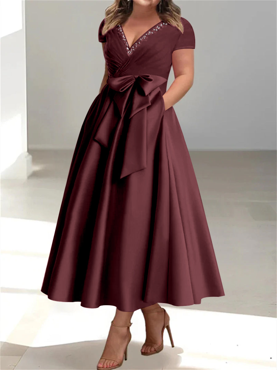 Plus Size Mother of the Bride A Line V Neck Dress with Pockets and Ruffles