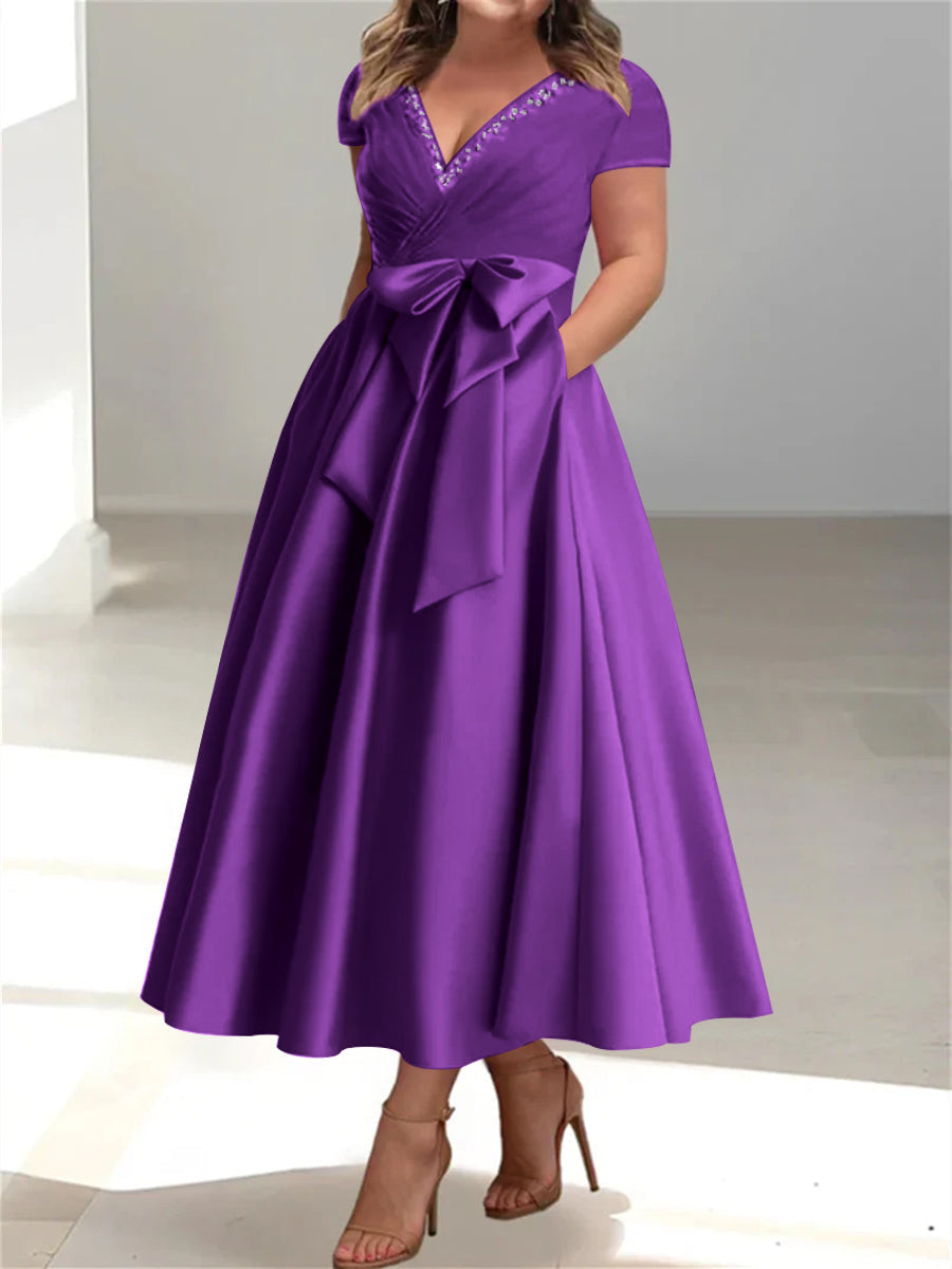 Plus Size Mother of the Bride A Line V Neck Dress with Pockets and Ruffles