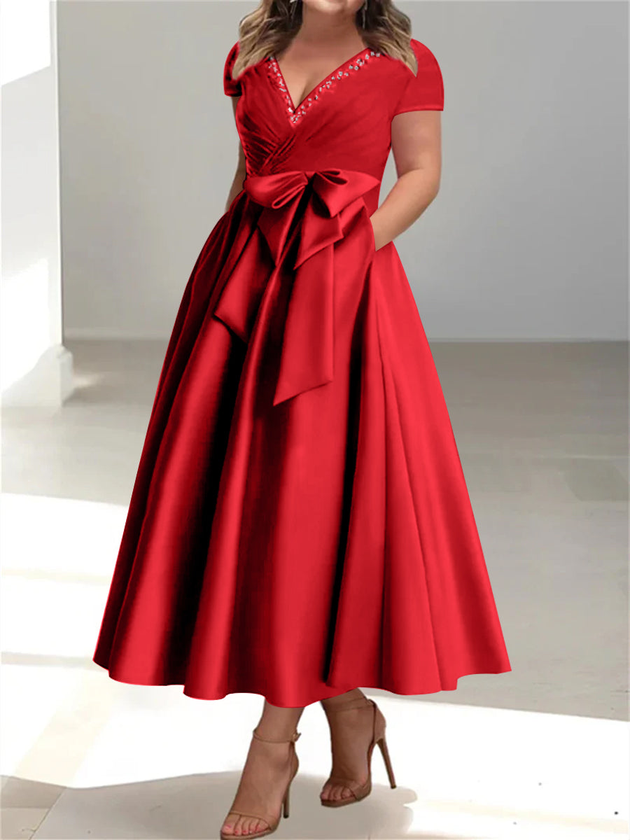 Plus Size Mother of the Bride A Line V Neck Dress with Pockets and Ruffles