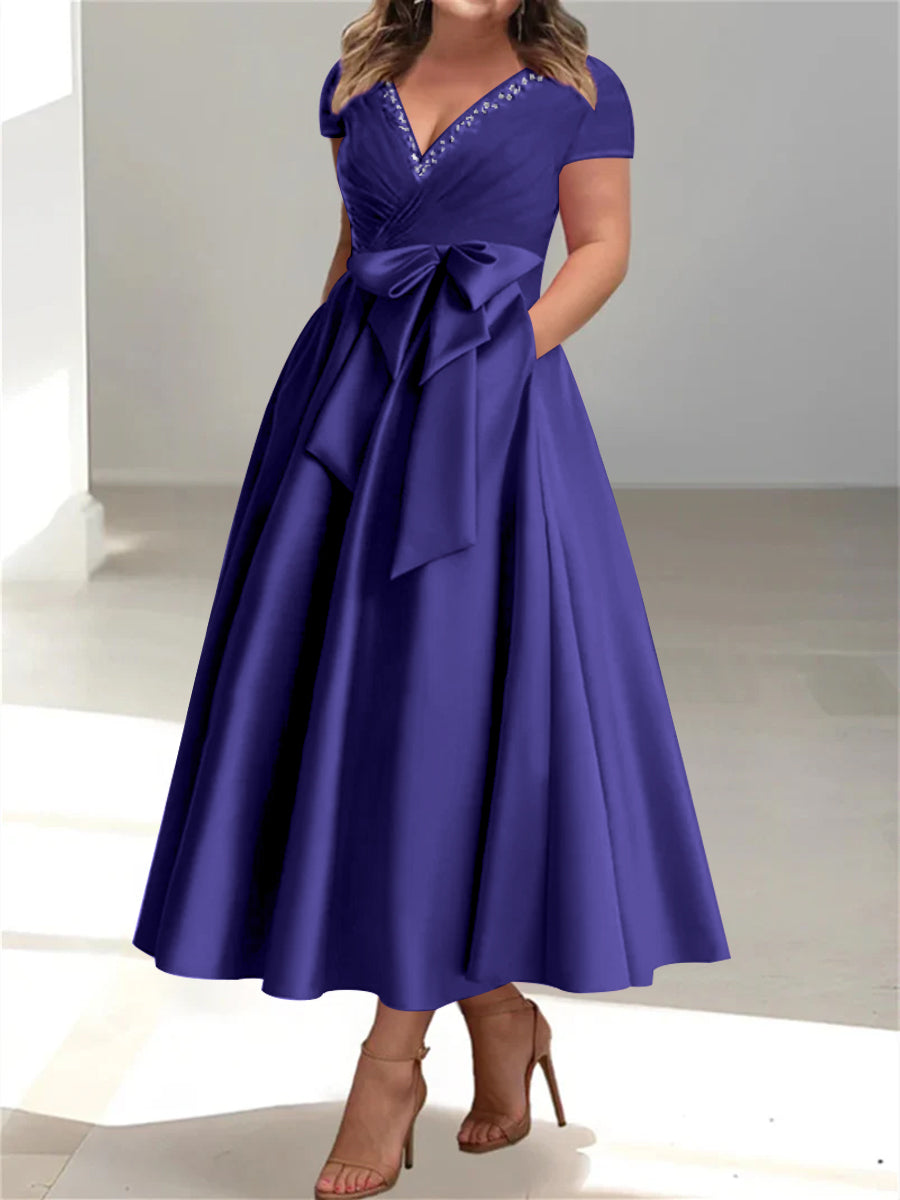 Plus Size Mother of the Bride A Line V Neck Dress with Pockets and Ruffles