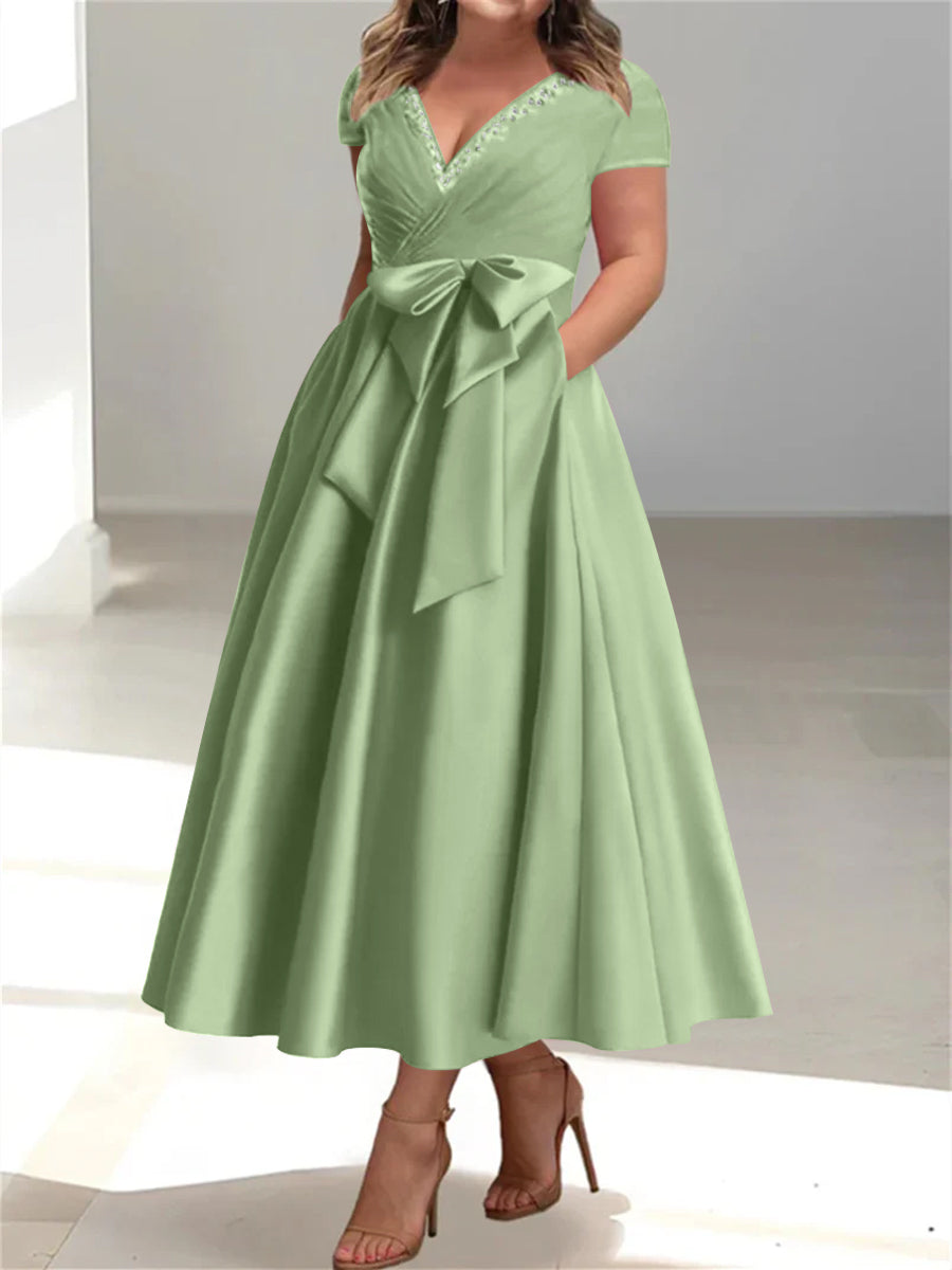 Plus Size Mother of the Bride A Line V Neck Dress with Pockets and Ruffles