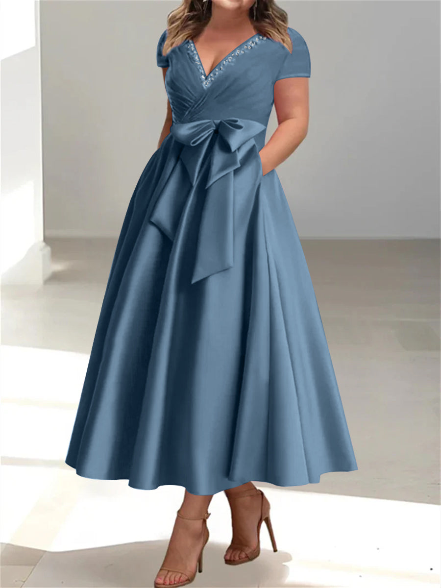 Plus Size Mother of the Bride A Line V Neck Dress with Pockets and Ruffles