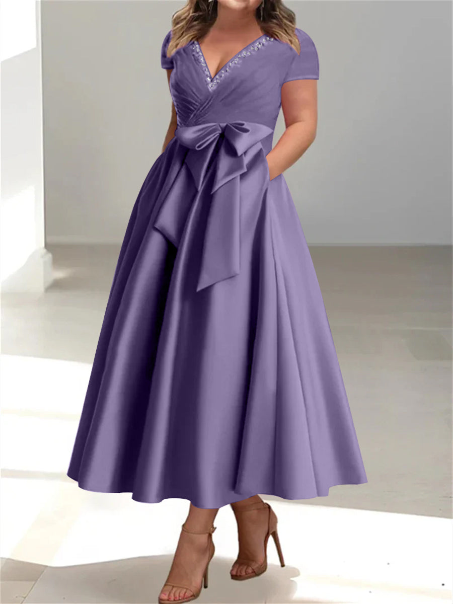 Plus Size Mother of the Bride A Line V Neck Dress with Pockets and Ruffles