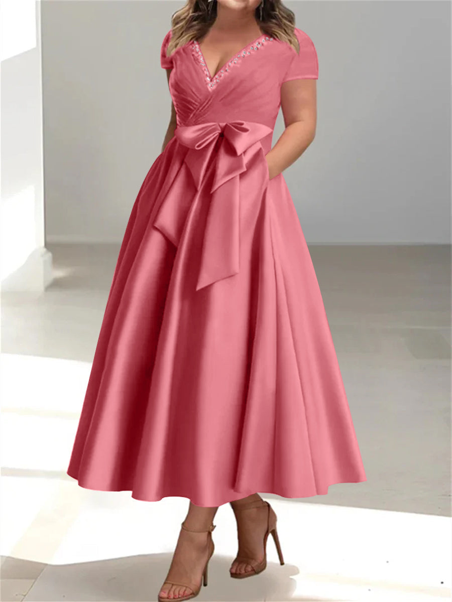 Plus Size Mother of the Bride A Line V Neck Dress with Pockets and Ruffles