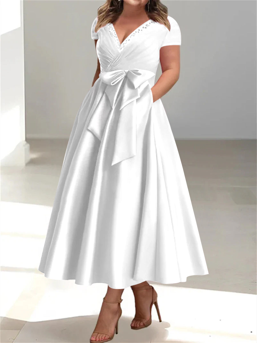 Plus Size Mother of the Bride A Line V Neck Dress with Pockets and Ruffles