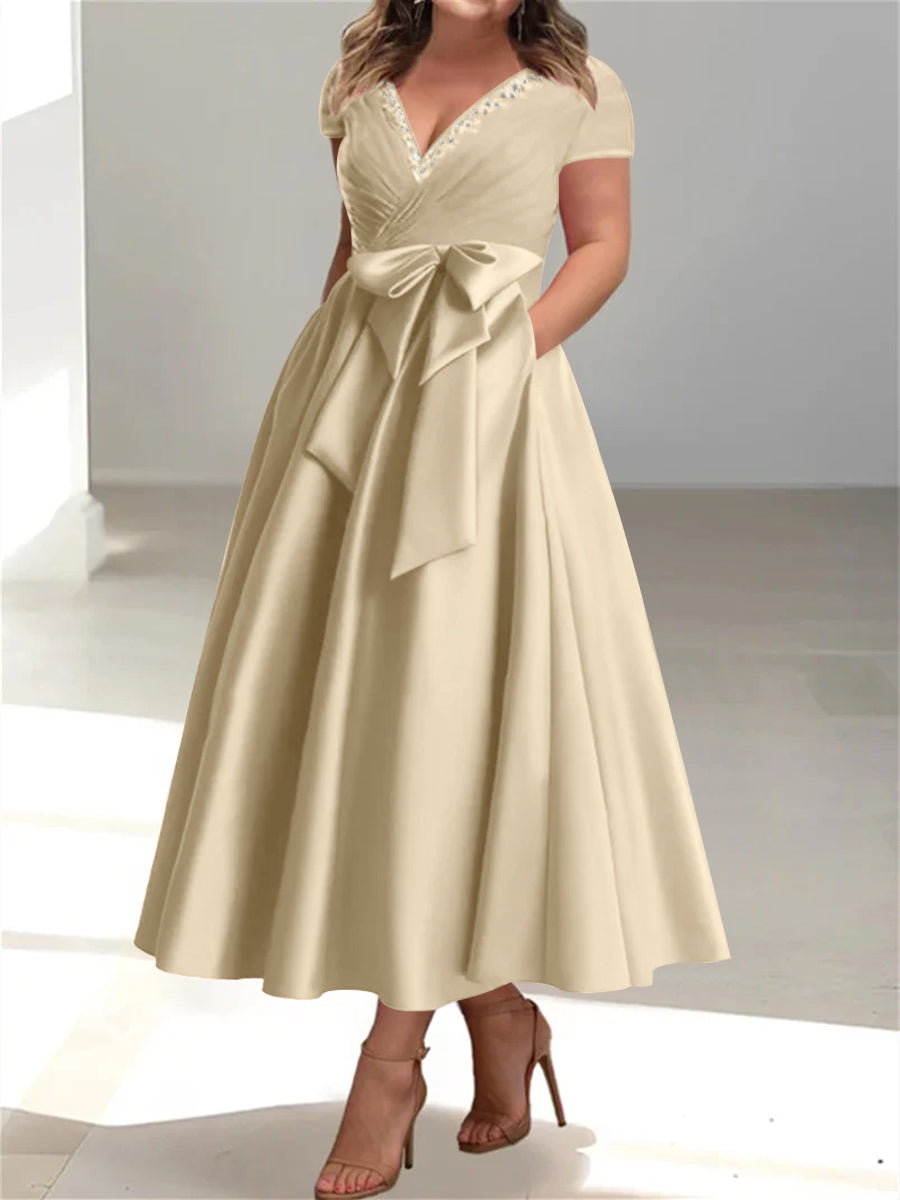 Plus Size Mother of the Bride A Line V Neck Dress with Pockets and Ruffles