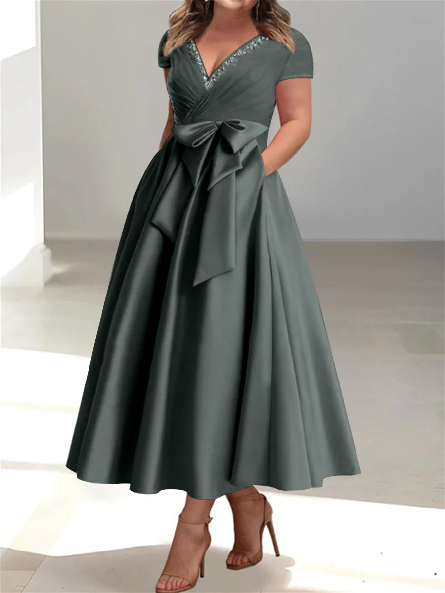 Plus Size Mother of the Bride A Line V Neck Dress with Pockets and Ruffles