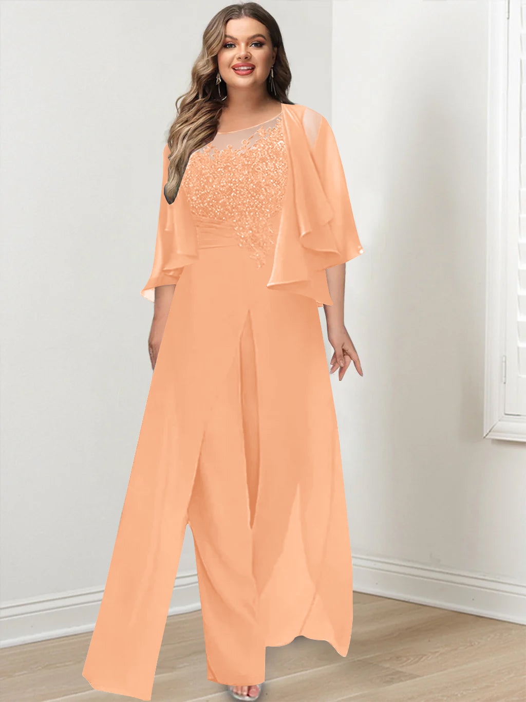 Plus Size Mother of the Bride A Line Jumpsuit with Jacket Long Design Side Split & Appliques