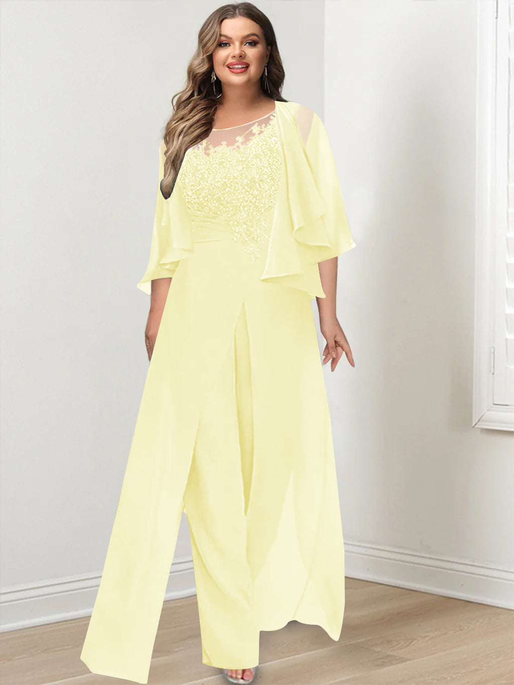 Plus Size Mother of the Bride A Line Jumpsuit with Jacket Long Design Side Split & Appliques