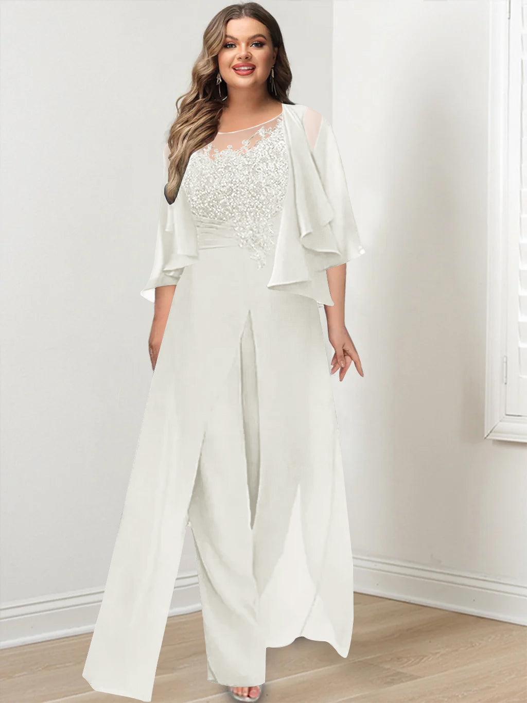 Plus Size Mother of the Bride A Line Jumpsuit with Jacket Long Design Side Split & Appliques