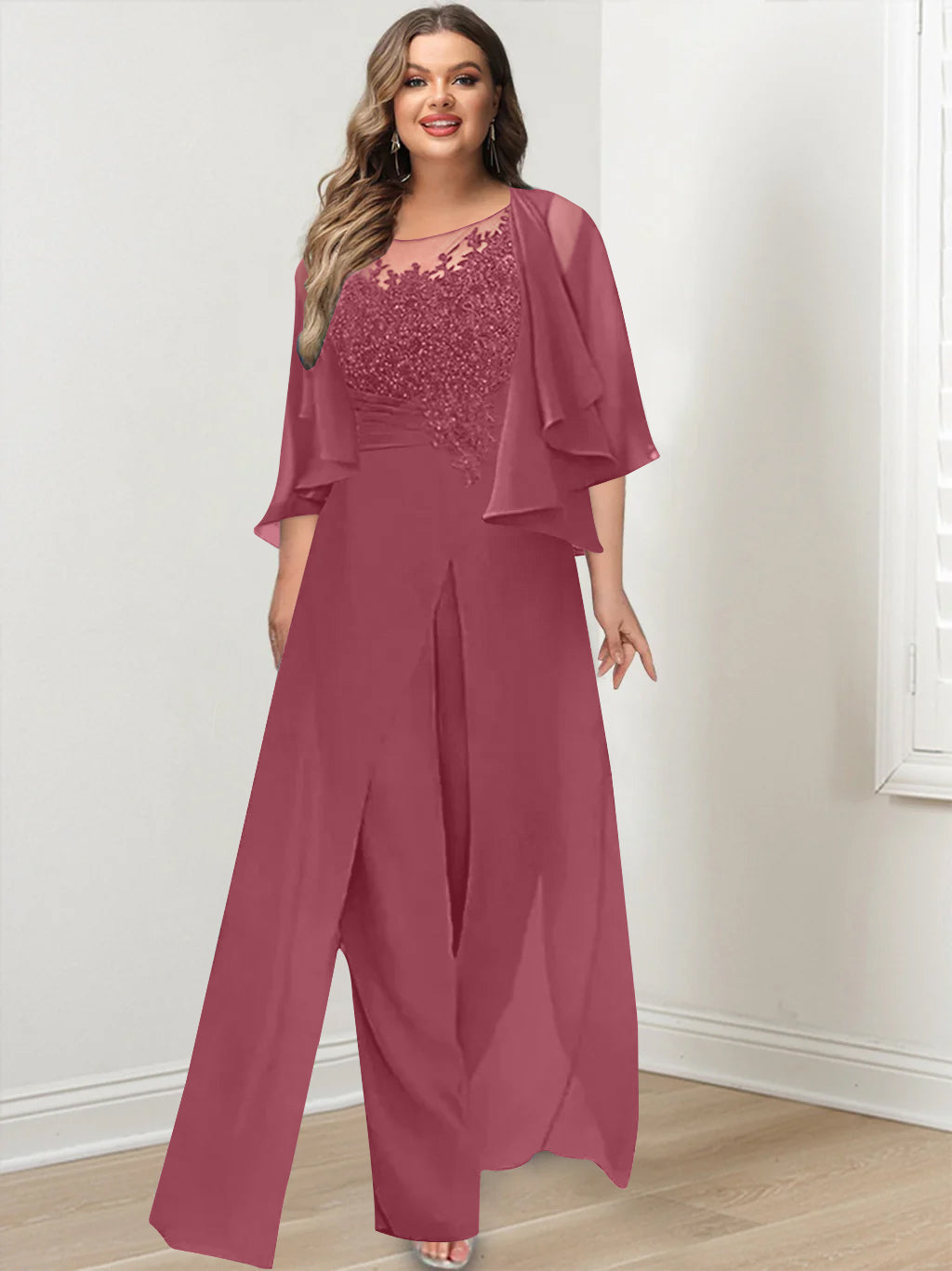 Plus Size Mother of the Bride A Line Jumpsuit with Jacket Long Design Side Split & Appliques