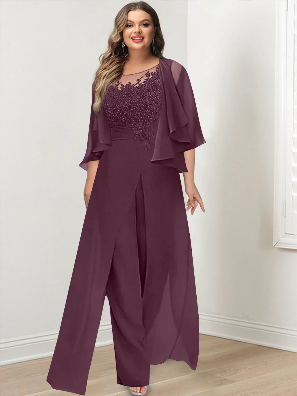 Plus Size Mother of the Bride A Line Jumpsuit with Jacket Long Design Side Split & Appliques